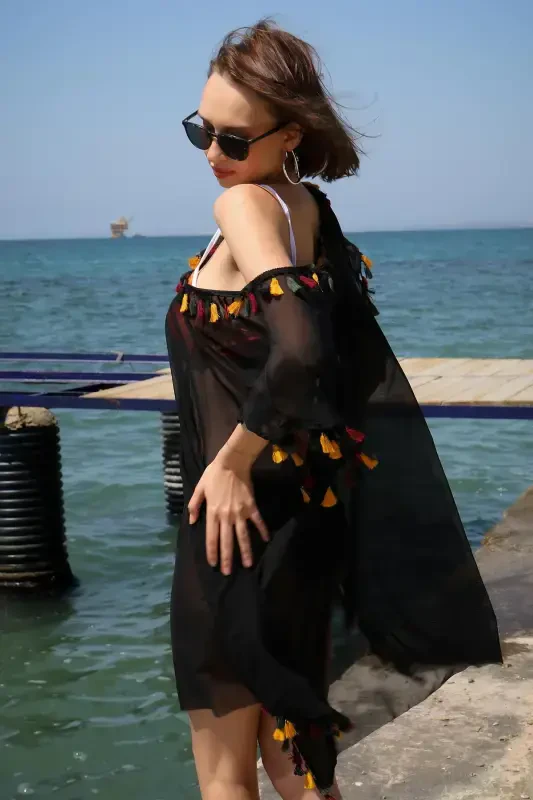 Akbeniz Women's Embroidered Tunic Pareo Beach Dress Black 38045 - 3