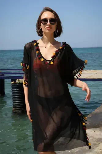Akbeniz Women's Embroidered Tunic Pareo Beach Dress Black 38045 - 4