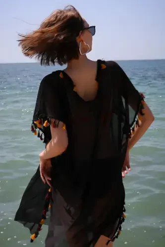Akbeniz Women's Embroidered Tunic Pareo Beach Dress Black 38045 - 5