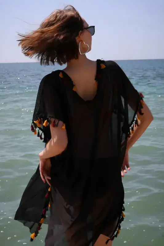 Akbeniz Women's Embroidered Tunic Pareo Beach Dress Black 38045 - 5
