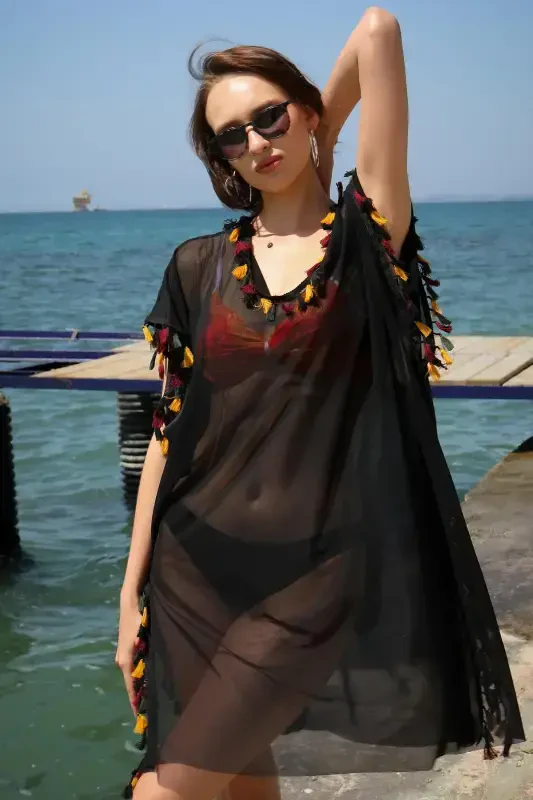 Akbeniz Women's Embroidered Tunic Pareo Beach Dress Black 38045 - 6