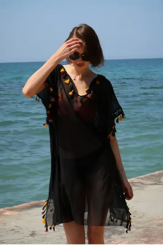 Akbeniz Women's Embroidered Tunic Pareo Beach Dress Black 38045 - 7