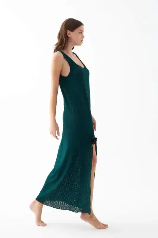 Akbeniz Women's Emerald Green Lace Textured Slit Long Nightgown - 2