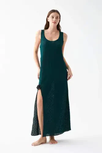 Akbeniz Women's Emerald Green Lace Textured Slit Long Nightgown - 3