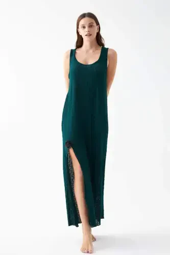 Akbeniz Women's Emerald Green Lace Textured Slit Long Nightgown - 4