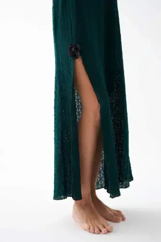 Akbeniz Women's Emerald Green Lace Textured Slit Long Nightgown - 5