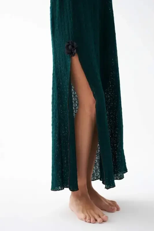 Akbeniz Women's Emerald Green Lace Textured Slit Long Nightgown - 5