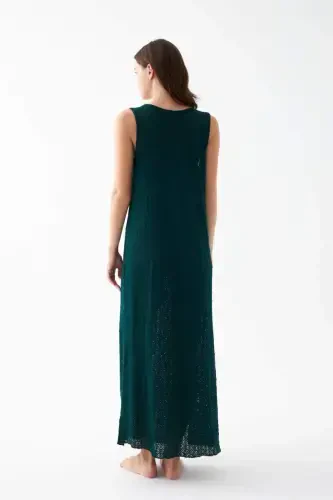 Akbeniz Women's Emerald Green Lace Textured Slit Long Nightgown - 6