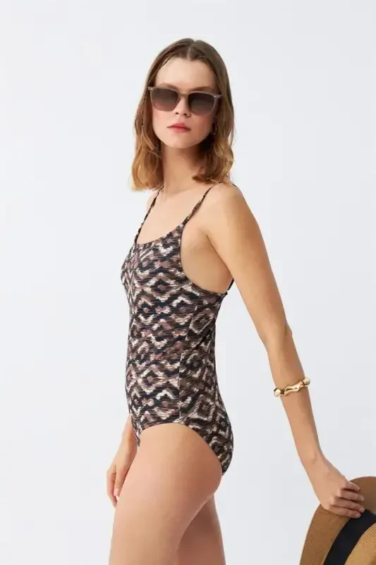 Akbeniz Women's Ethnic Patterned Thin Strap Bodycon Swimsuit - 1