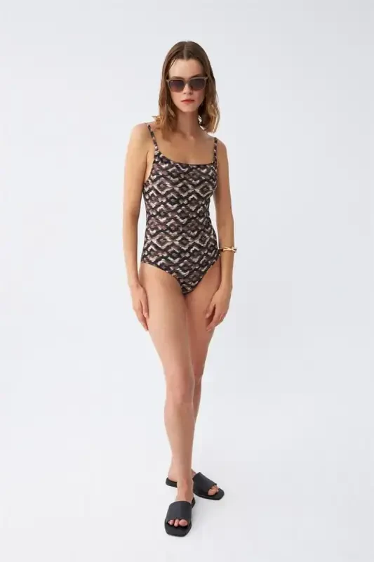 Akbeniz Women's Ethnic Patterned Thin Strap Bodycon Swimsuit - 3
