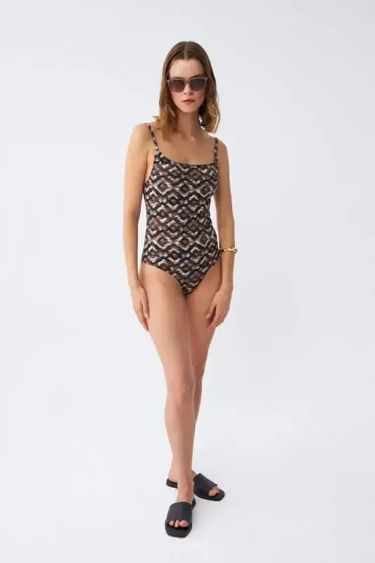 Akbeniz Women's Ethnic Patterned Thin Strap Bodycon Swimsuit - 3