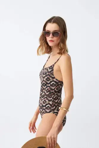 Akbeniz Women's Ethnic Patterned Thin Strap Bodycon Swimsuit - 4