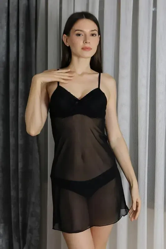 Akbeniz Women's Fantasy Tulle Nightdress T2500 Black - 3