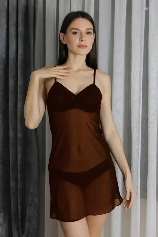 Akbeniz Women's Fantasy Tulle Nightgown T2500 Coffee - 2