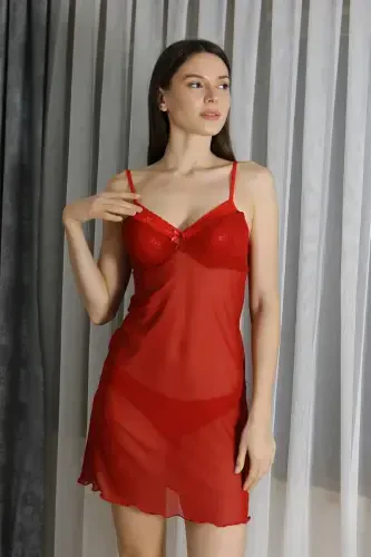 Akbeniz Women's Fantasy Tulle Nightgown T2500 Red - 3