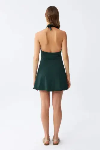 Akbeniz Women's Floral Patterned Bow Detailed Khaki Dress Swimsuit - 5