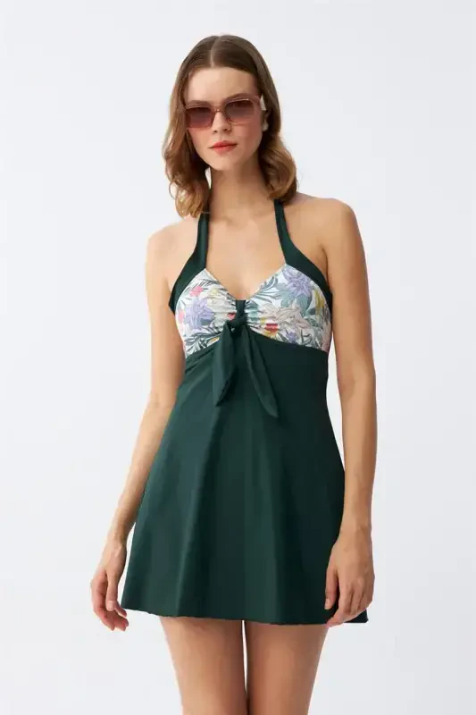 Akbeniz Women's Floral Patterned Bow Detailed Khaki Dress Swimsuit - AKBENIZ