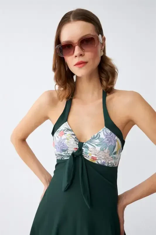 Akbeniz Women's Floral Patterned Bow Detailed Khaki Dress Swimsuit - 4