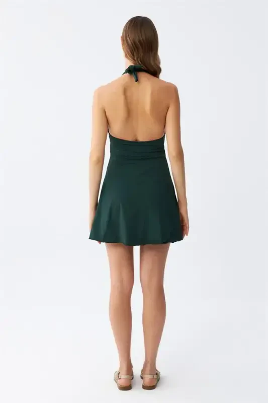 Akbeniz Women's Floral Patterned Bow Detailed Khaki Dress Swimsuit - 5