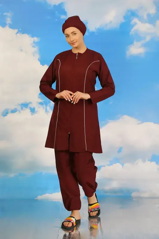 Akbeniz Women's Full Coverage Hijab Swimsuit Bordeaux 31060 - 1