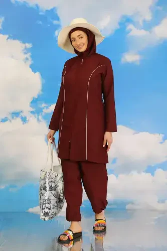 Akbeniz Women's Full Coverage Hijab Swimsuit Bordeaux 31060 - 2