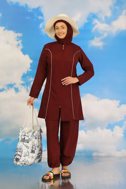 Akbeniz Women's Full Coverage Hijab Swimsuit Bordeaux 31060 - 4