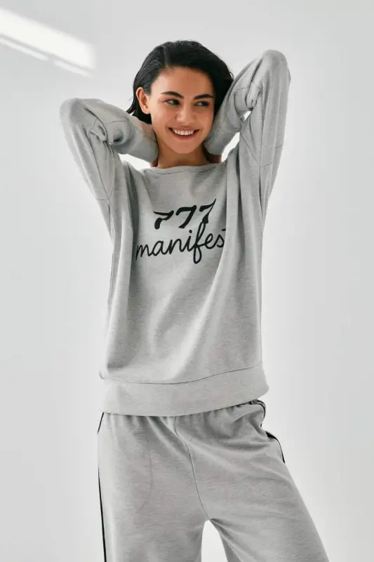 Akbeniz Women's Gray 777 Manifest Oversize 2 Thread Tracksuit Loungewear Set - 4