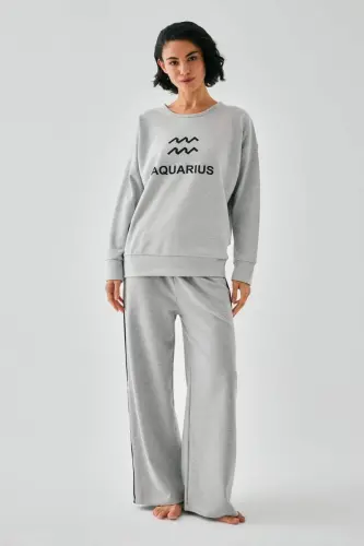 Akbeniz Women's Gray Aquarius Oversize 2 Thread Tracksuit Home Wear Set - 1