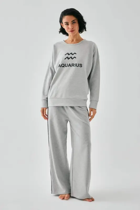 Akbeniz Women's Gray Aquarius Oversize 2 Thread Tracksuit Home Wear Set - 1