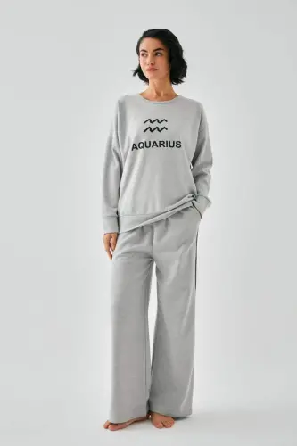 Akbeniz Women's Gray Aquarius Oversize 2 Thread Tracksuit Home Wear Set - 3