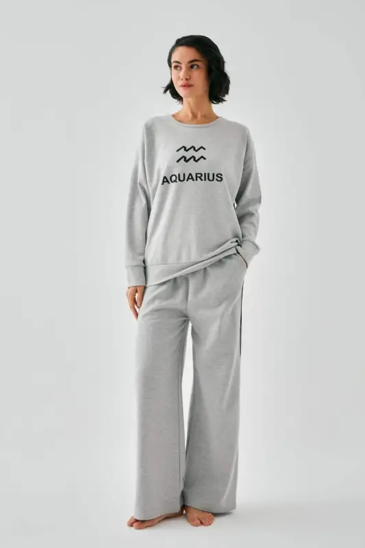 Akbeniz Women's Gray Aquarius Oversize 2 Thread Tracksuit Home Wear Set - 3