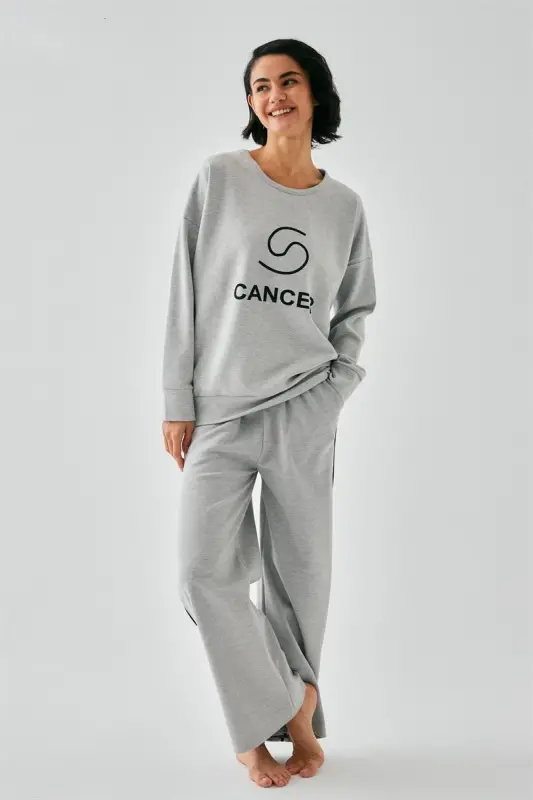 Akbeniz Women's Gray Cancer Zodiac Oversize 2 Thread Tracksuit Home Wear Set - 2
