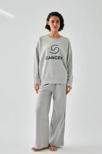 Akbeniz Women's Gray Cancer Zodiac Oversize 2 Thread Tracksuit Home Wear Set - 3