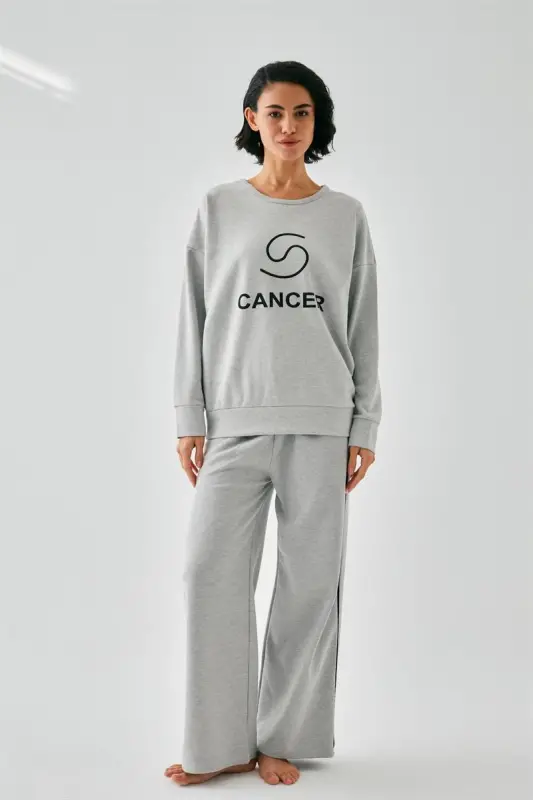 Akbeniz Women's Gray Cancer Zodiac Oversize 2 Thread Tracksuit Home Wear Set - 3