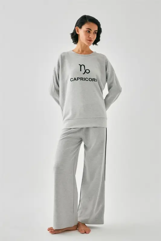 Akbeniz Women's Gray Capricorn Oversize 2 Thread Tracksuit Home Wear Set - 4