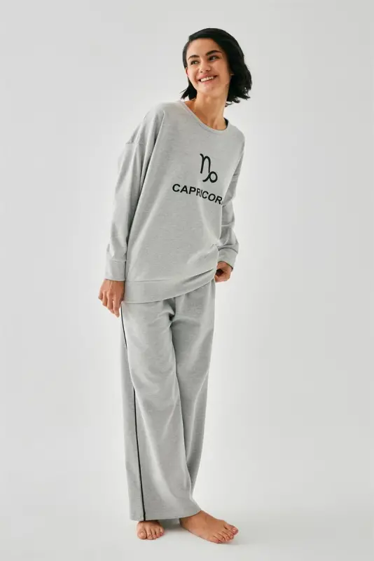 Akbeniz Women's Gray Capricorn Oversize 2 Thread Tracksuit Home Wear Set - 5
