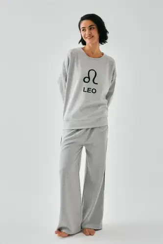 Akbeniz Women's Gray Leo Oversize 2 Thread Tracksuit Loungewear Set 