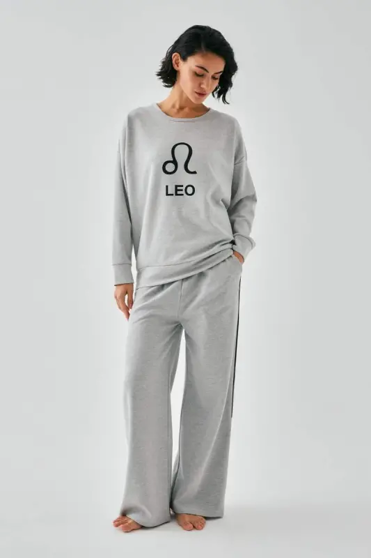 Akbeniz Women's Gray Leo Zodiac Oversize 2 Yarn Tracksuit Loungewear Set - 3