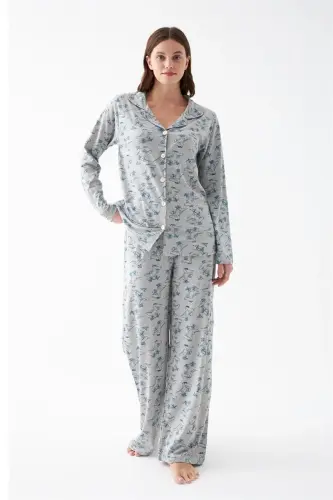 Akbeniz Women's Gray Patterned Buttoned Cotton Pajama Set - 1