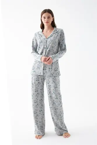 Akbeniz Women's Gray Patterned Buttoned Cotton Pajama Set - 4