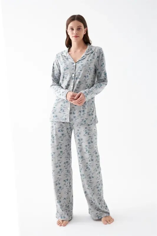 Akbeniz Women's Gray Patterned Buttoned Cotton Pajama Set - 4