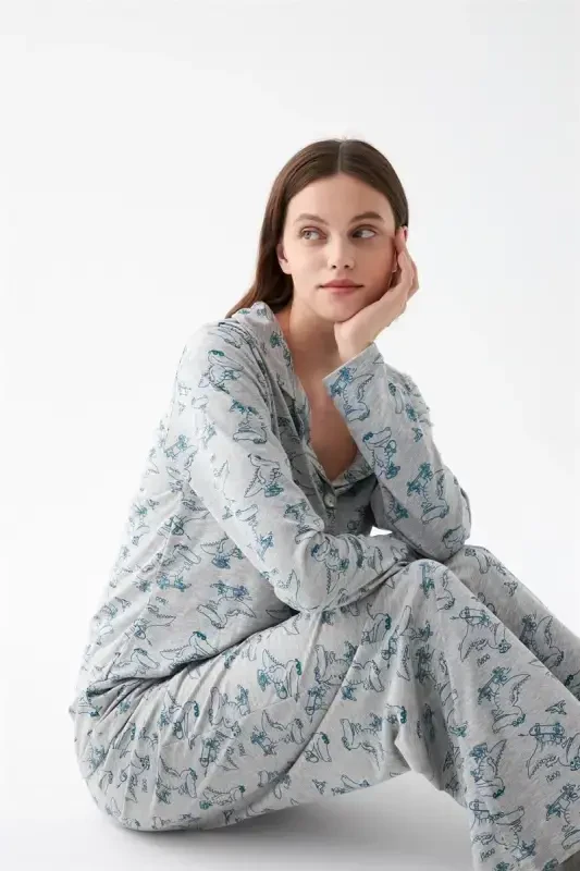 Akbeniz Women's Gray Patterned Buttoned Cotton Pajama Set - 2