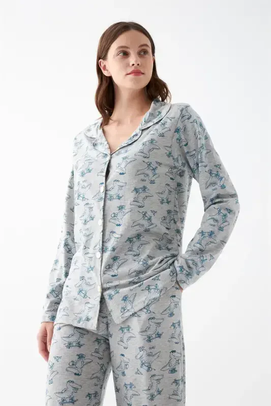 Akbeniz Women's Gray Patterned Buttoned Cotton Pajama Set - 3