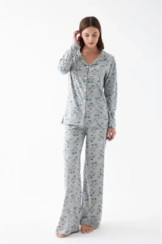 Akbeniz Women's Gray Patterned Buttoned Cotton Pajama Set - 5