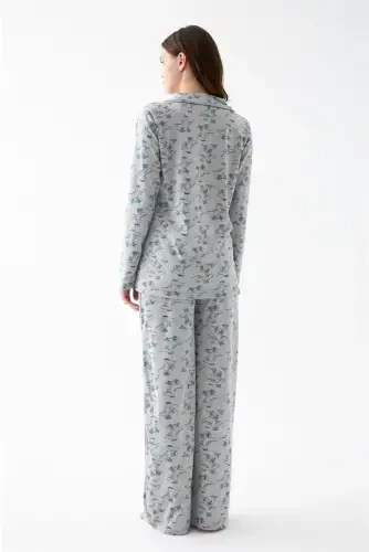 Akbeniz Women's Gray Patterned Buttoned Cotton Pajama Set - 6