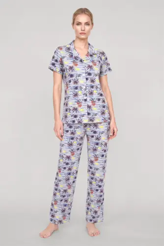 Akbeniz Women's Gray Patterned Classic Shirt Collar Pajama Set - 1
