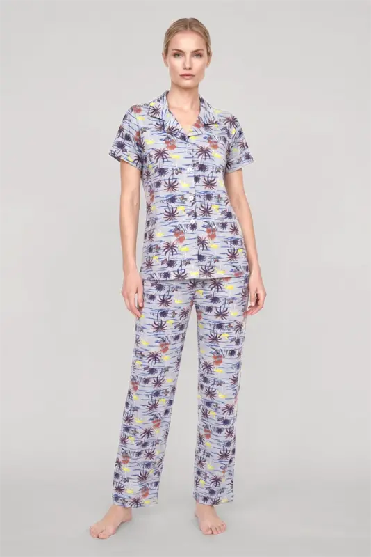 Akbeniz Women's Gray Patterned Classic Shirt Collar Pajama Set - 1