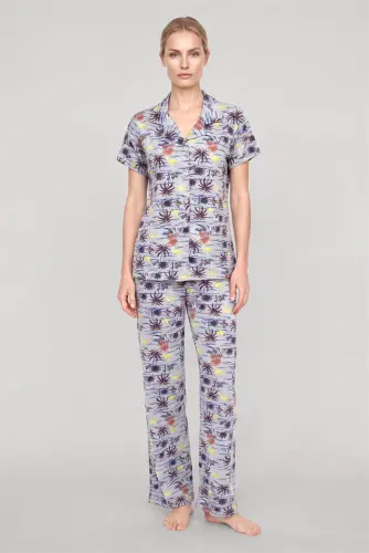 Akbeniz Women's Gray Patterned Classic Shirt Collar Pajama Set - Akbeniz (1)