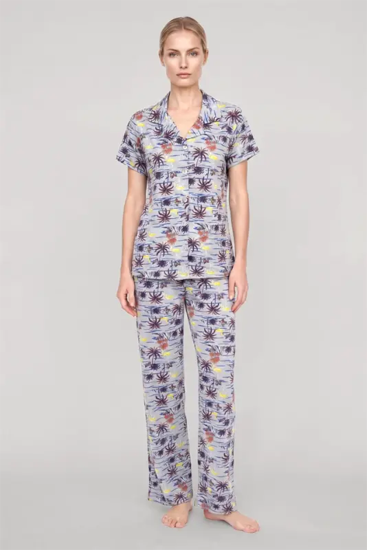 Akbeniz Women's Gray Patterned Classic Shirt Collar Pajama Set - 2