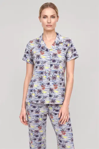 Akbeniz Women's Gray Patterned Classic Shirt Collar Pajama Set - 3